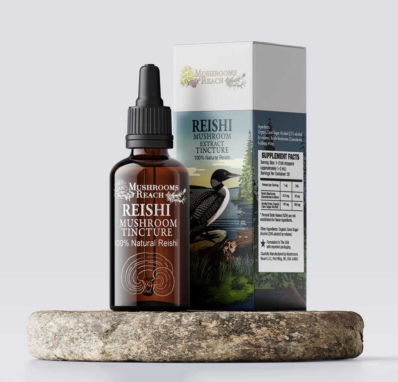 Mushrooms Reach Reishi Tincture – a branded tincture bottle and box, showcasing premium mushroom extract for immune support and wellness.