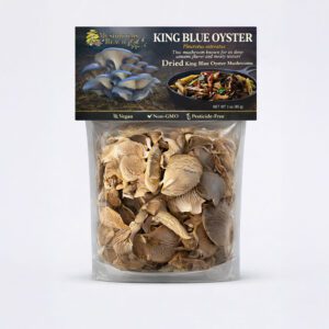 3 oz bag of dried King Blue Oyster mushrooms with branded Mushrooms Reach packaging and food serving image