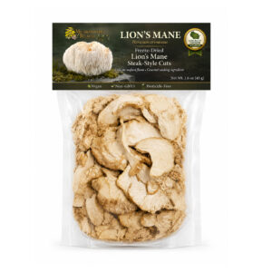Clear 1.6 oz bag of freeze-dried Lion’s Mane mushroom slices with Mushrooms Reach label header
