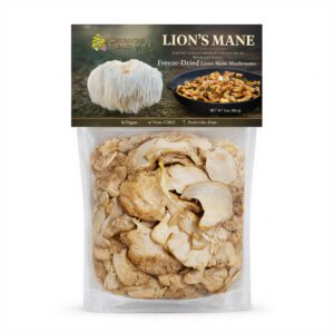 Clear 3 oz bag of freeze-dried Lion’s Mane mushroom slices with Mushrooms Reach label header