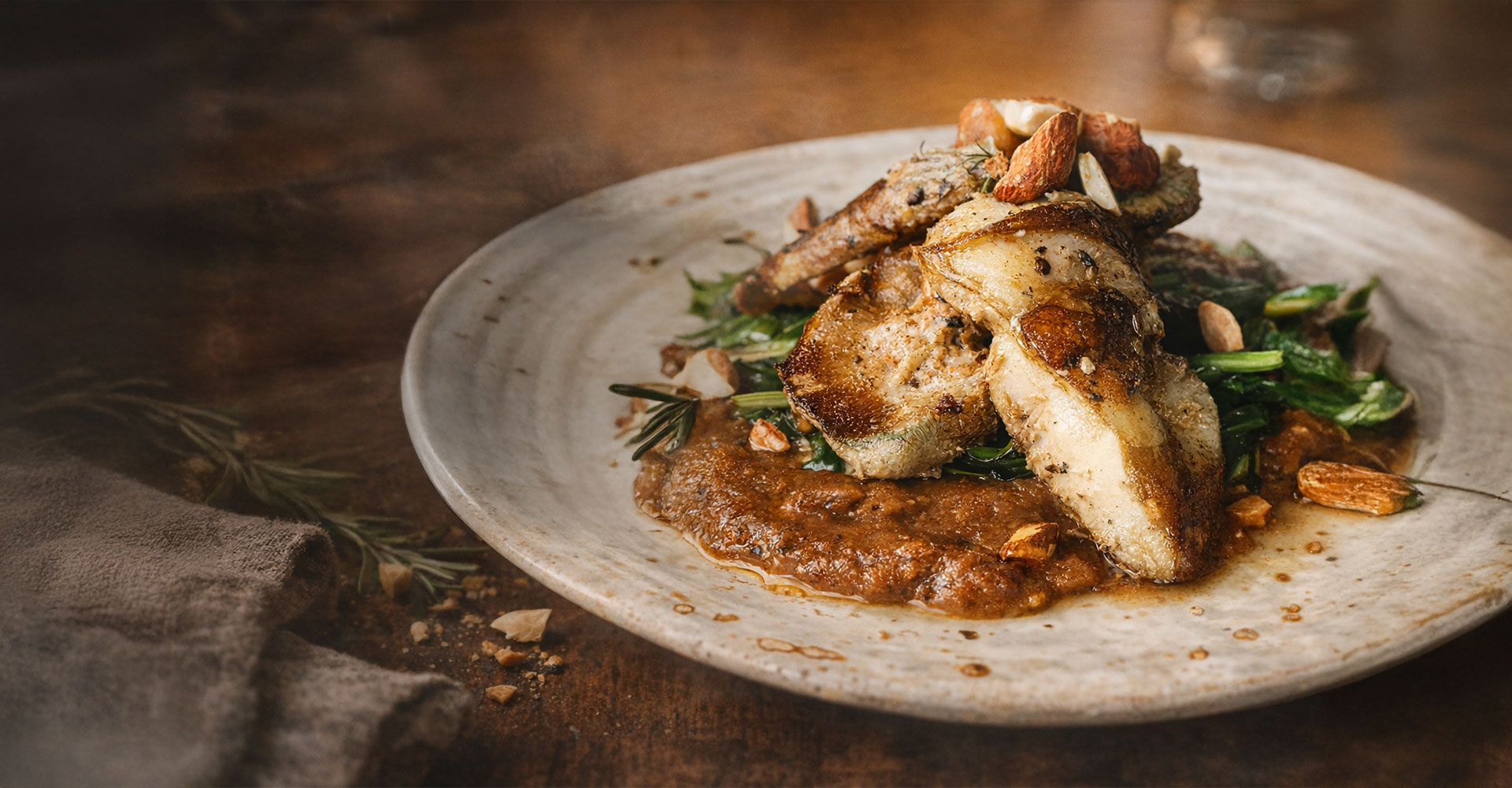 Sautéed Lion’s Mane mushrooms served on a plate with greens and almond garnish on a rustic wooden table.
