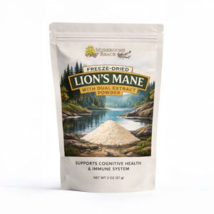 Freeze-dried Lion’s Mane mushroom powder with dual extract in resealable pouch. Front