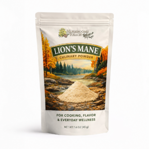 Lion’s Mane Culinary Powder 1.6 oz stand-up pouch by Mushrooms Reach with autumn