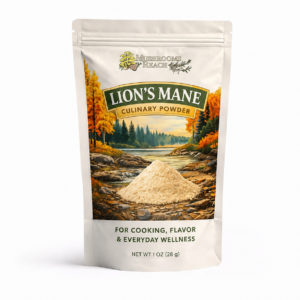 Lion’s Mane Culinary Powder 1 oz stand-up pouch by Mushrooms Reach with autumn