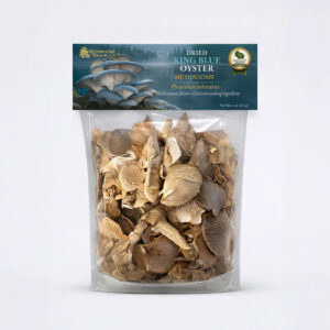 4 oz bag of dried King Blue Oyster mushrooms with branded Mushrooms Reach packaging and food serving image